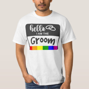 Rainbow Flag Wedding Hello Name Badge for Groom T-Shirt