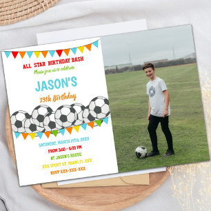 Rainbow Flags Soccer Birthday Invitations w photo