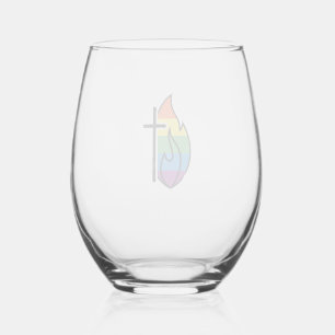 Rainbow Flame Cross Vintage Christian Vector Desig Stemless Wine Glass