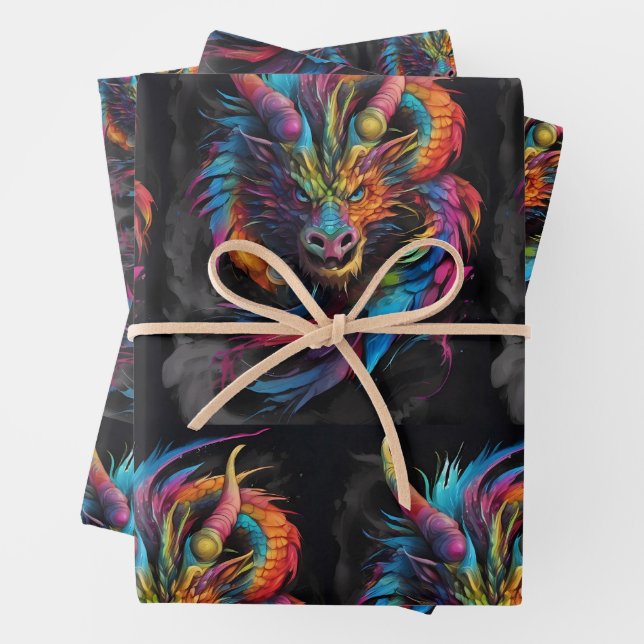Rainbow Flame – Multi-coloured Fantasy Dragon Wrapping Paper Sheet (In situ)