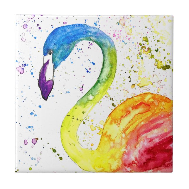 Rainbow flamingo Tropical birds watercolor Cute  Tile (Front)