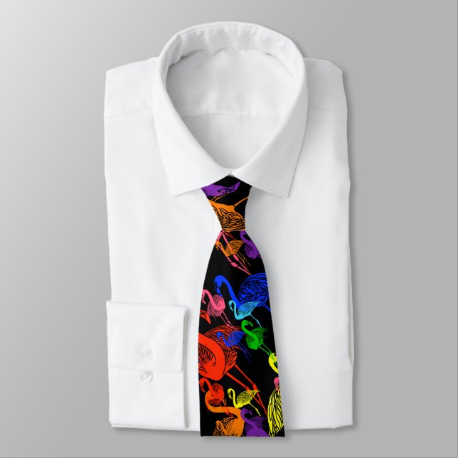 Rainbow Flamingos Black Business Suit Wedding Gay Tie (Tied)