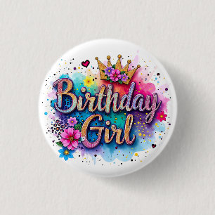 Rainbow Floral Birthday Girl 3 Cm Round Badge