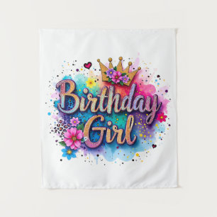 Rainbow Floral Birthday Girl Tapestry