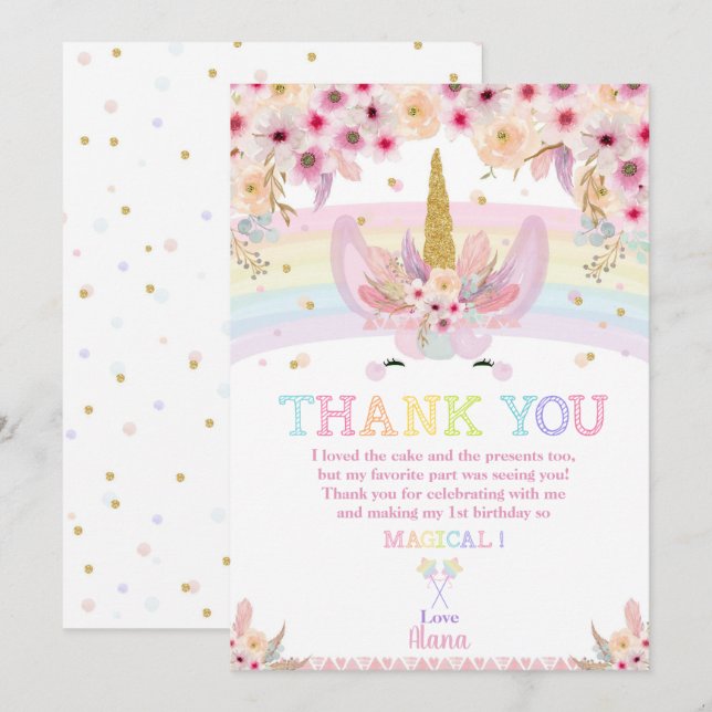 Rainbow Floral Boho Unicorn Birthday Thank You Invitation (Front/Back)