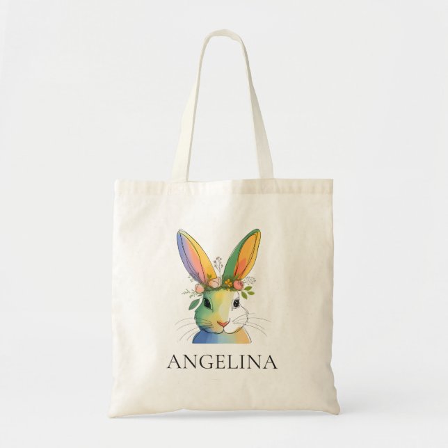 Rainbow Floral Bunny Personalised Easter Tote Bag (Front)