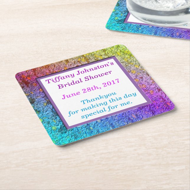 [Rainbow Floral Frame] Abstract Flowers Square Paper Coaster (Angled)