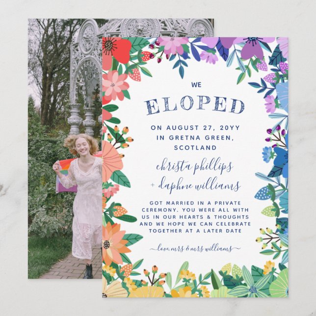 Rainbow Floral Frame LGBT We Eloped Announcement (Front/Back)