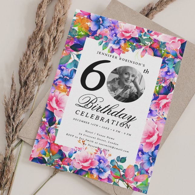 Rainbow Floral Garden Photo 60th Birthday Party Invitation (Rainbow Floral Garden Photo 60th Birthday Party Invitation)