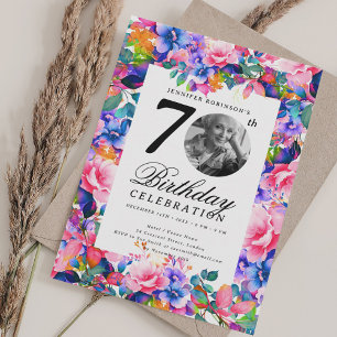 Rainbow Floral Garden Photo 70th Birthday Party Invitation
