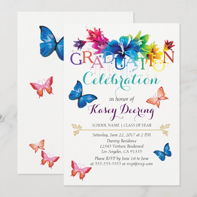 Rainbow Floral Graduation Celebration Invitation (Front/Back)