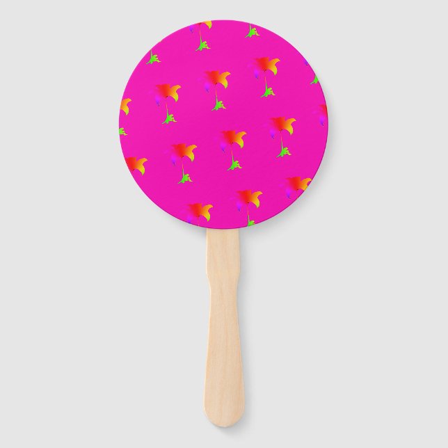 Rainbow Floral Hot Pink  Hand Fan (Front)