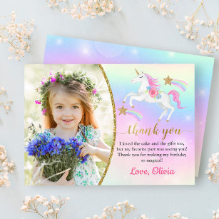 Rainbow Floral Magical Unicorn Girl Birthday Photo Thank You Card
