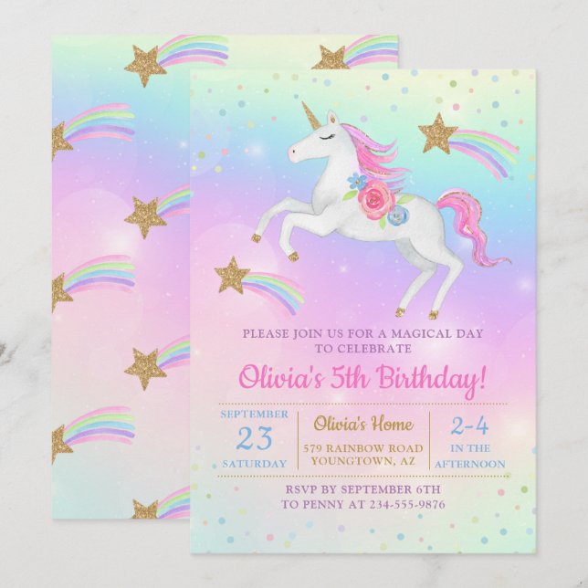 Rainbow Floral Magical Unicorn Girls Birthday Invitation (Front/Back)