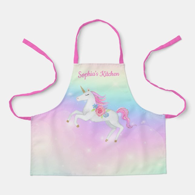 Rainbow Floral Magical Unicorn Personalised Apron (Front)