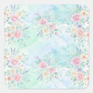 rainbow floral pastel watercolor blue green backgr square sticker