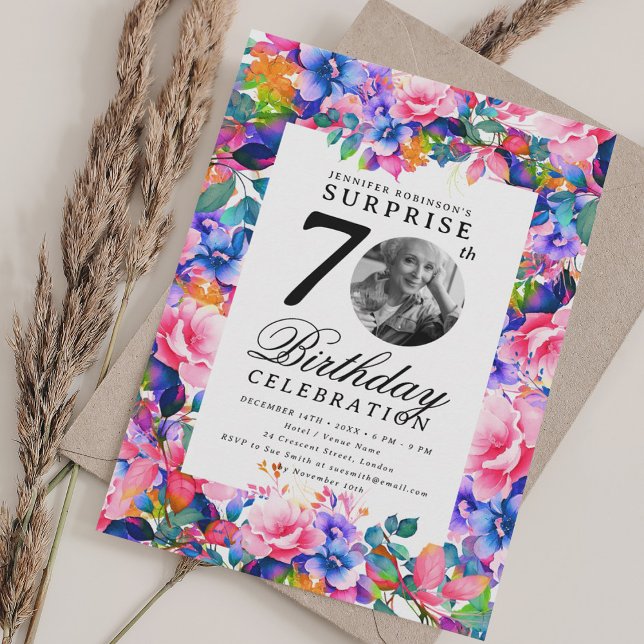 Rainbow Floral Photo SURPRISE 70th Birthday  Invitation (Creator Uploaded)