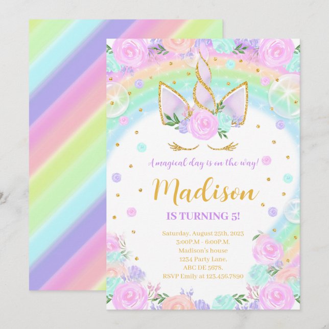 Rainbow Floral Unicorn Birthday Invitation (Front/Back)