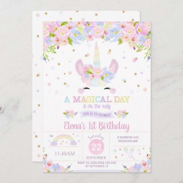 Rainbow Floral Unicorn Birthday Invitation Pastel (Front/Back)