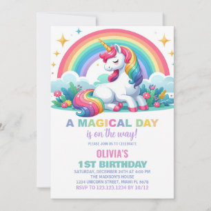 Rainbow Floral Unicorn Birthday Invitations