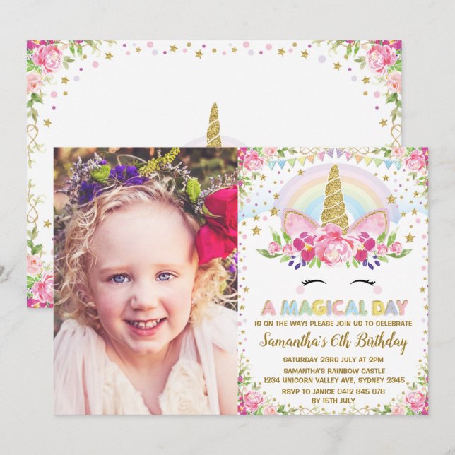 Rainbow Floral Unicorn Birthday Party Invitation (Front/Back)