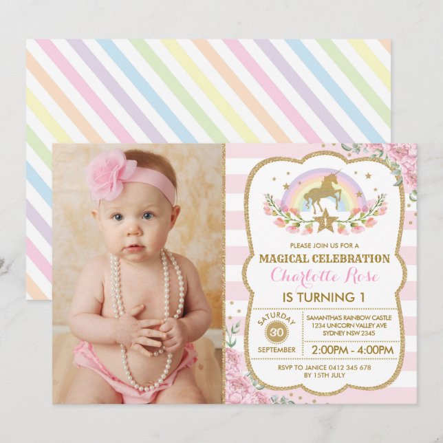 Rainbow Floral Unicorn Birthday Party Invitation (Front/Back)
