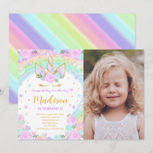Rainbow Floral Unicorn Birthday Photo Invitation
