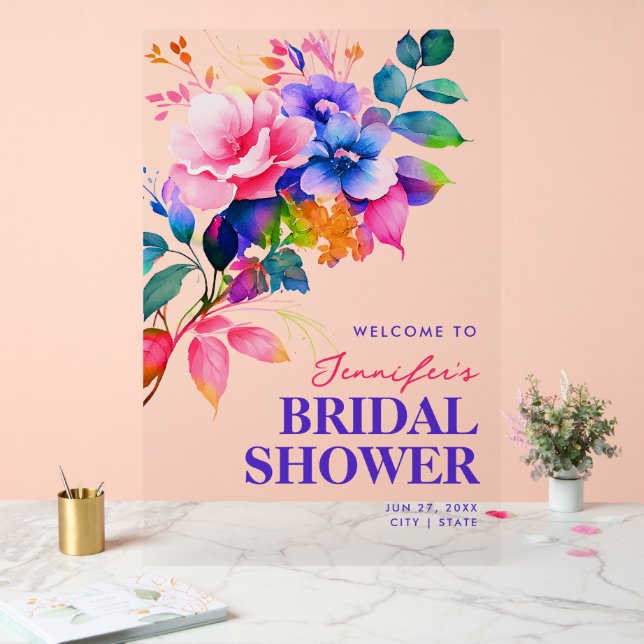 Rainbow Floral Watercolor Bridal Shower Welcome  Acrylic Sign (Wedding)