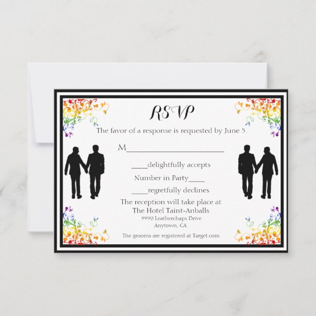 Rainbow Flourishes Gay Wedding RSVP Card (Front)