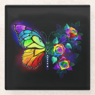 Rainbow flower butterfly glass coaster