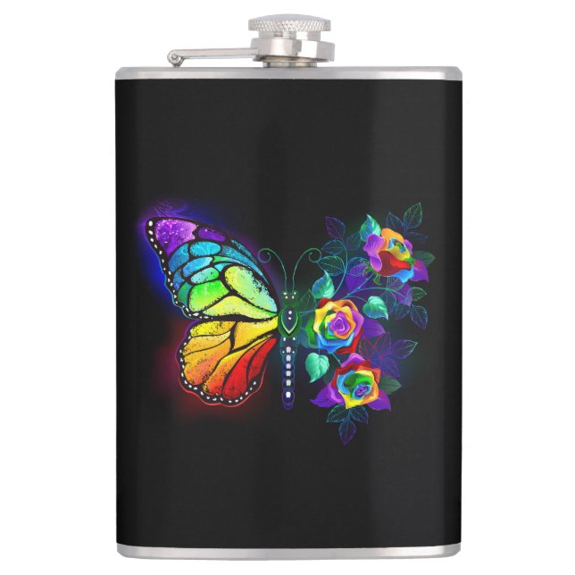Rainbow flower butterfly hip flask (Front)