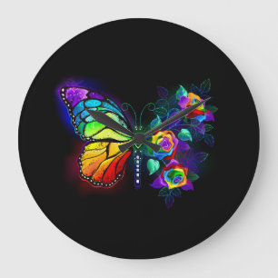 Rainbow flower butterfly large clock