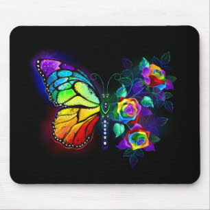 Rainbow flower butterfly mouse mat