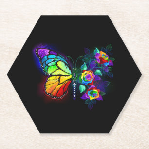 Rainbow flower butterfly paper coaster