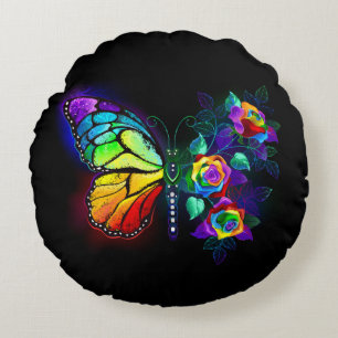 Rainbow flower butterfly round cushion