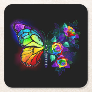 Rainbow flower butterfly square paper coaster