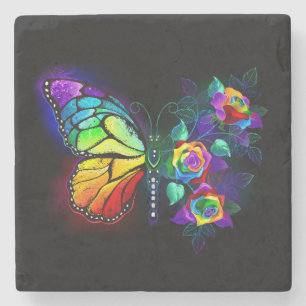 Rainbow flower butterfly stone coaster