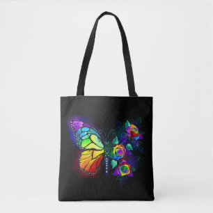 Rainbow flower butterfly tote bag