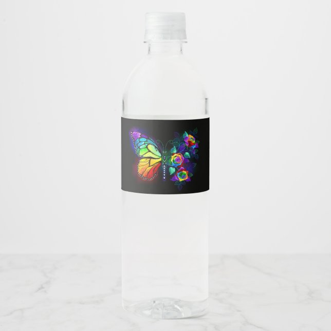 Rainbow flower butterfly water bottle label (Front)