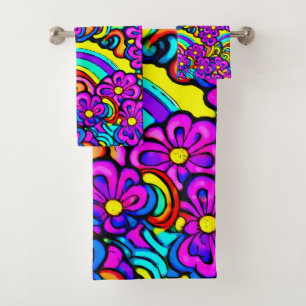 Rainbow Flower Garden Floral Cartoon Purple  Bath Towel Set