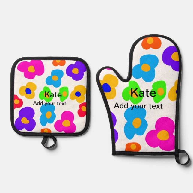 Rainbow flower pride love add name text lqbtq abst oven mitt & pot holder set (Front)