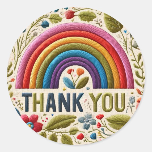 Rainbow & Flowers Boho Embroidered Look Thank You Classic Round Sticker (Front)