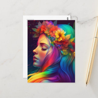Rainbow Flowers & Colourful Hair Girl Postcard