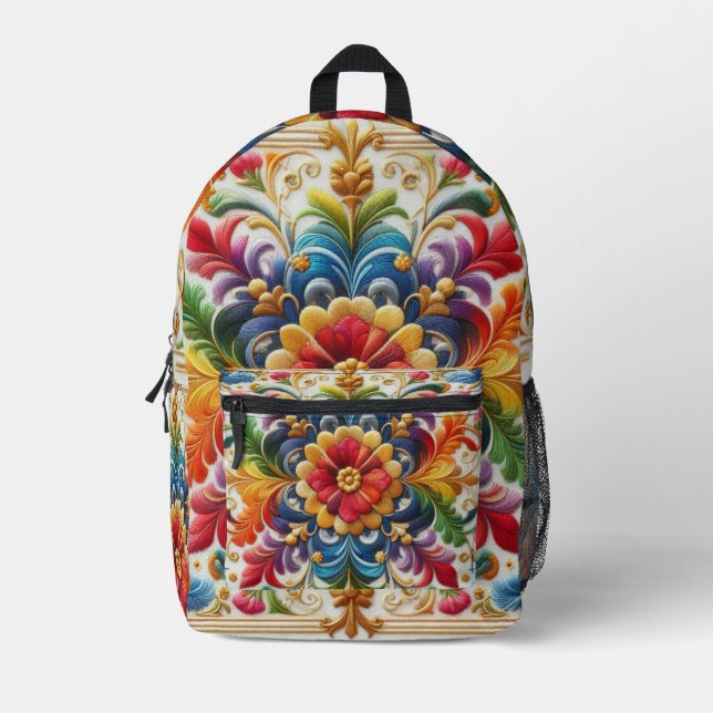 Rainbow Flowers Embroidery Looking Floral Design Printed Backpack (Front)