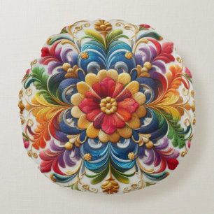 Rainbow Flowers Embroidery Looking Floral Round Cushion