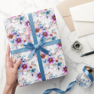 Rainbow Flowers on White  Wrapping Paper