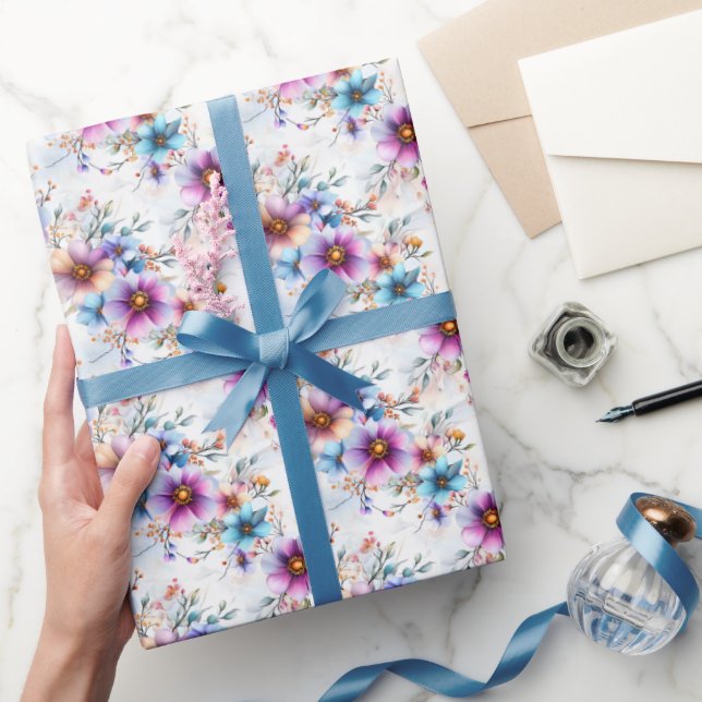 Rainbow Flowers on White  Wrapping Paper (Gifting)