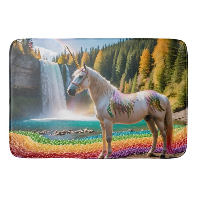Rainbow Flowers Unicorn Green Trees Waterfall Lake Bath Mat (Front)