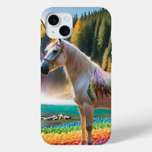 Rainbow Flowers Unicorn Green Trees Waterfall Lake iPhone 15 Mini Case