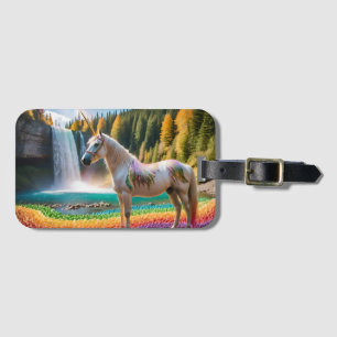 Rainbow Flowers Unicorn Green Trees Waterfall Lake Luggage Tag